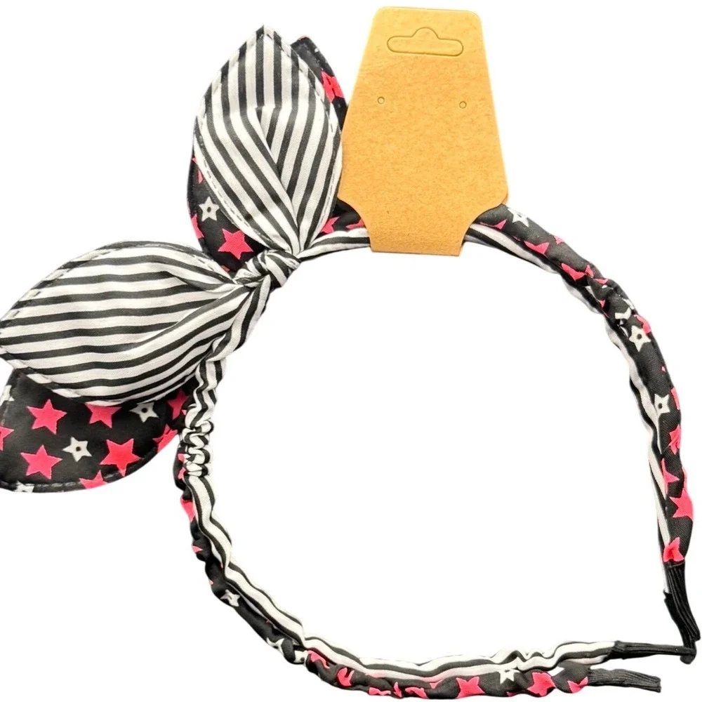 Girls Star and Stripe Bow Headband Black Pink White Stars Stripes Hair Accessory